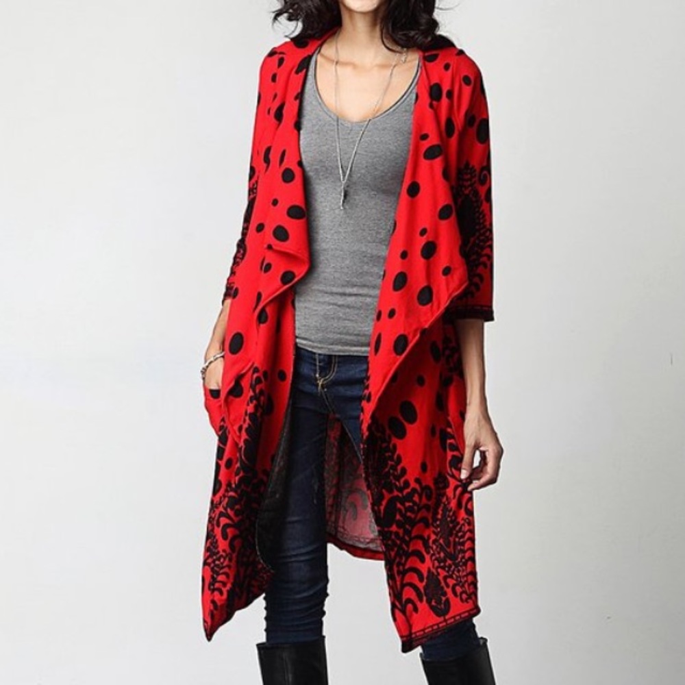 🌻🌈Red Wide Dot Drape Pocket Cardigan Ladybug